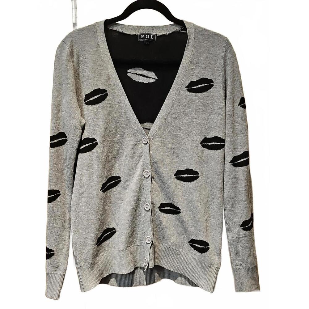 POL Hot Lips Print Button Cardigan Sweater Size L